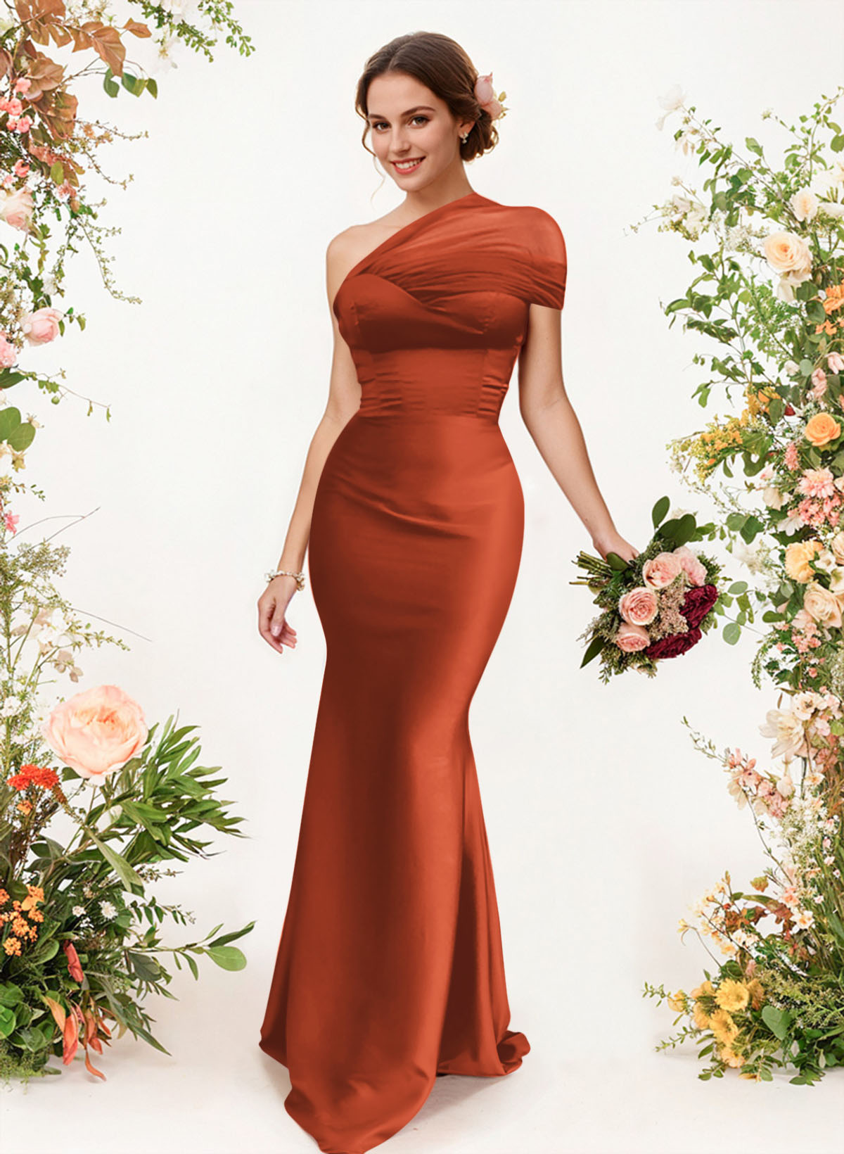 Trumpet/Mermaid One-Shoulder Sleeveless Satin/Tulle Bridesmaid Dresses, product image 340