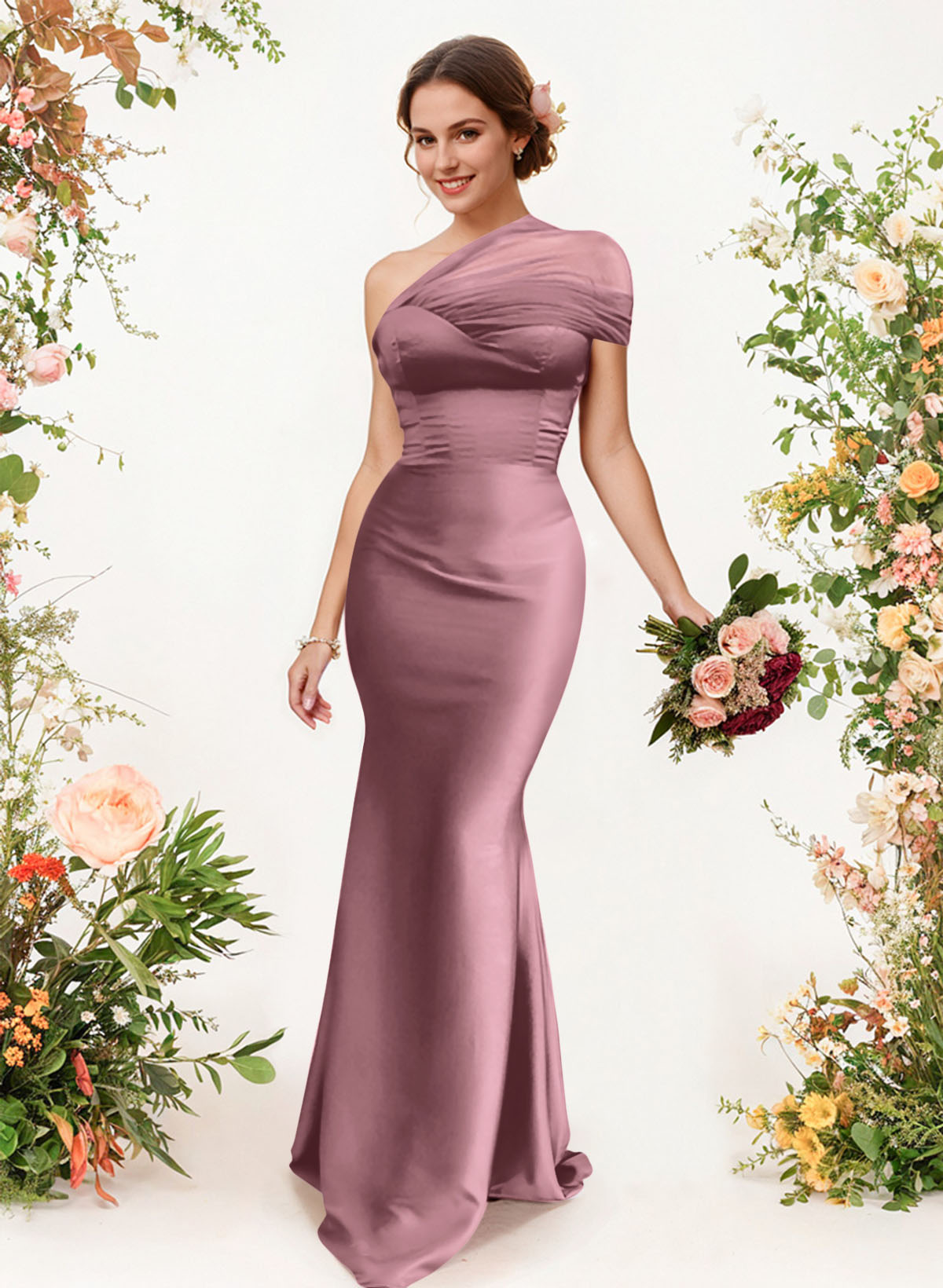 Trumpet/Mermaid One-Shoulder Sleeveless Satin/Tulle Bridesmaid Dresses, product image 185