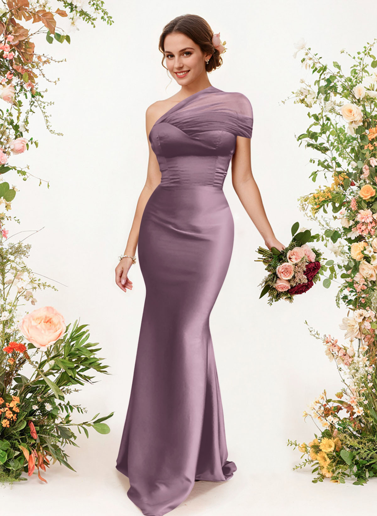 Trumpet/Mermaid One-Shoulder Sleeveless Satin/Tulle Bridesmaid Dresses, product image 180