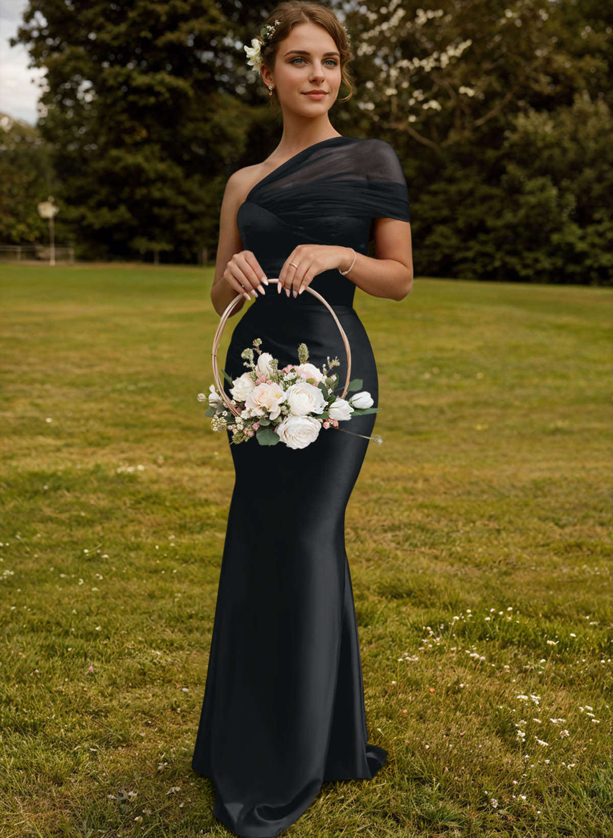 Trumpet/Mermaid One-Shoulder Sleeveless Satin/Tulle Bridesmaid Dresses, product image 11