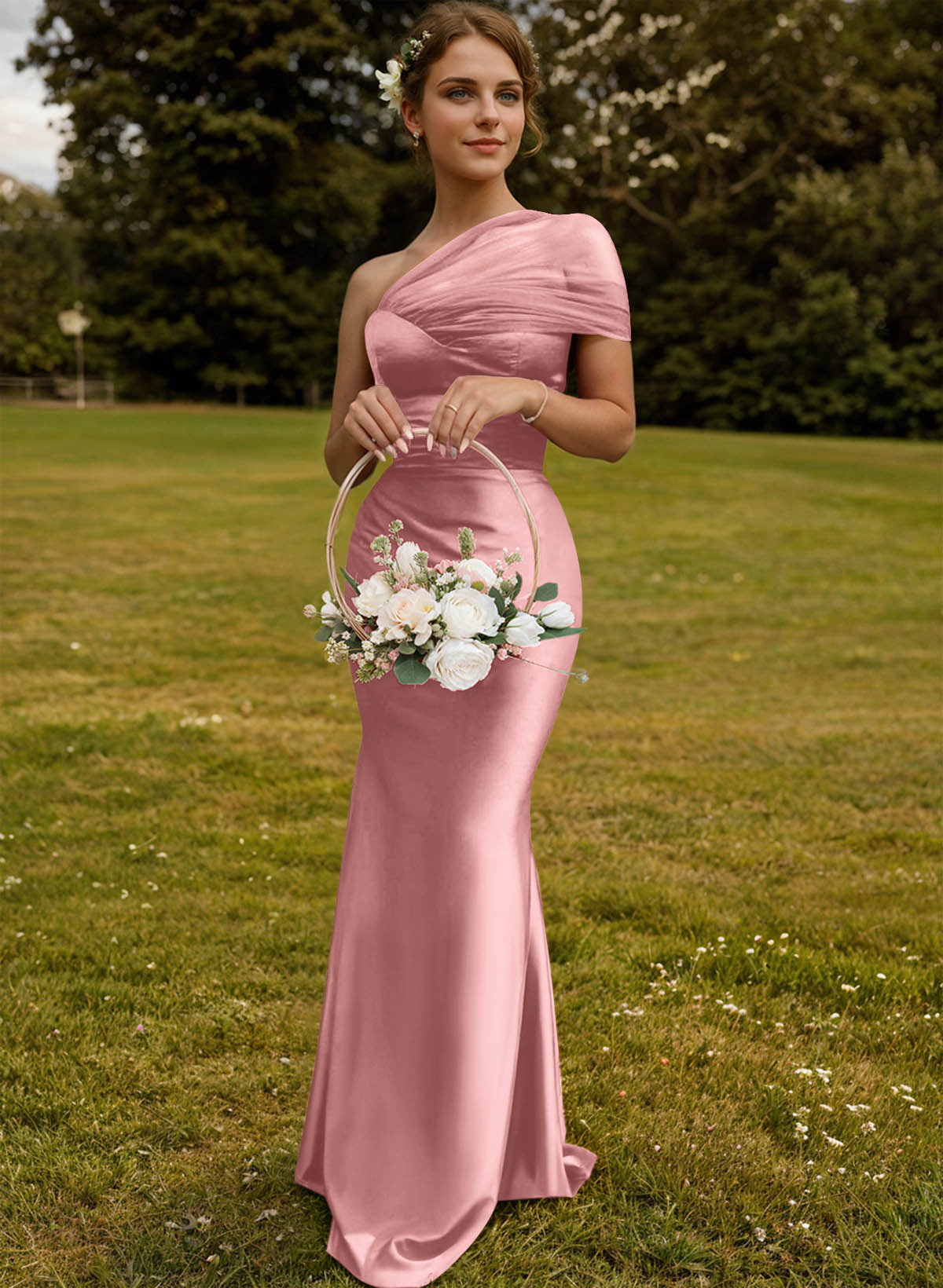 Trumpet/Mermaid One-Shoulder Sleeveless Satin/Tulle Bridesmaid Dresses, product image 96