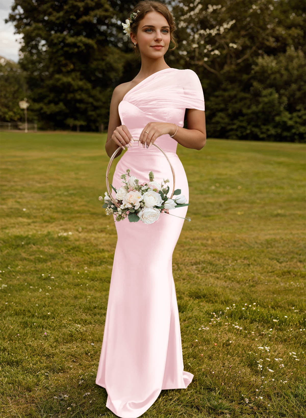 Trumpet/Mermaid One-Shoulder Sleeveless Satin/Tulle Bridesmaid Dresses, product image 111