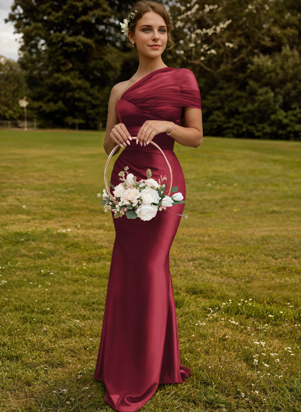 Trumpet/Mermaid One-Shoulder Sleeveless Satin/Tulle Bridesmaid Dresses, product image 126