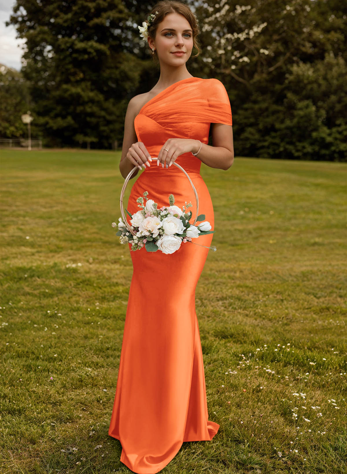 Trumpet/Mermaid One-Shoulder Sleeveless Satin/Tulle Bridesmaid Dresses, product image 301