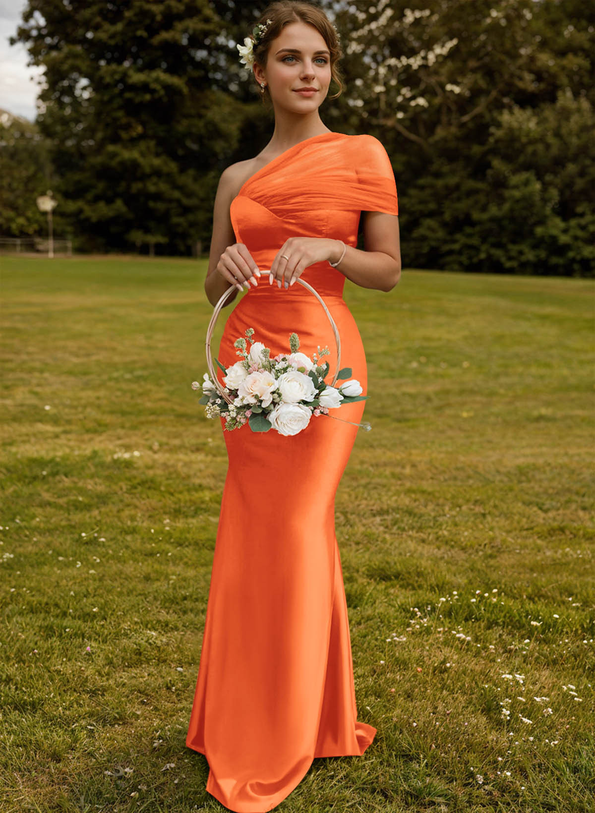 Trumpet/Mermaid One-Shoulder Sleeveless Satin/Tulle Bridesmaid Dresses, product image 301