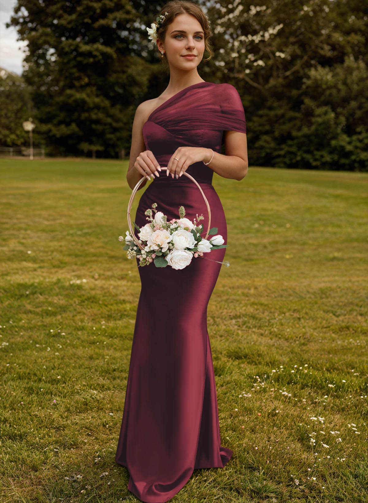 Trumpet/Mermaid One-Shoulder Sleeveless Satin/Tulle Bridesmaid Dresses, product image 131