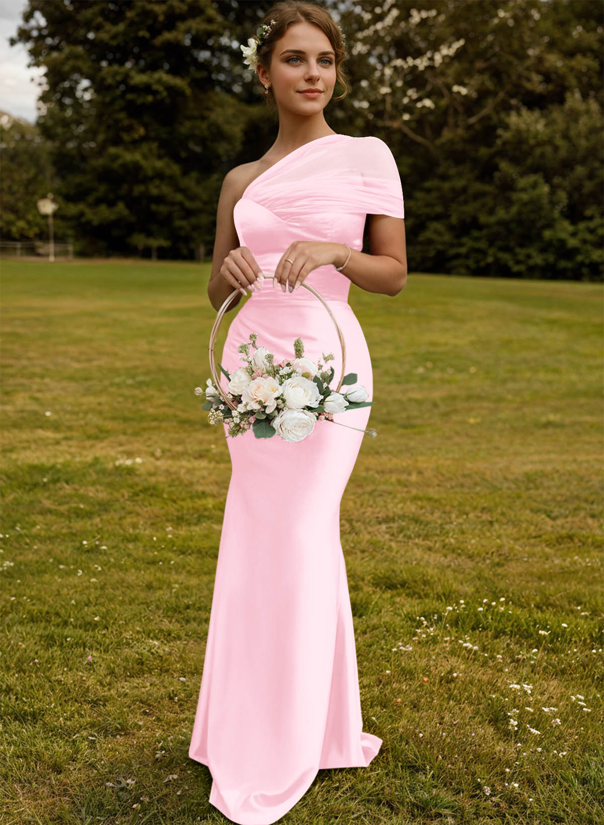 Trumpet/Mermaid One-Shoulder Sleeveless Satin/Tulle Bridesmaid Dresses, product image 116