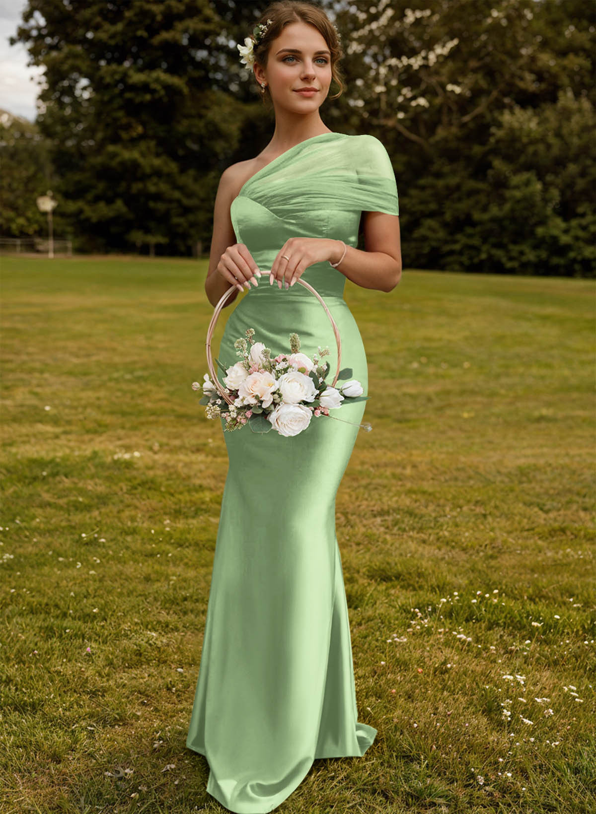 Trumpet/Mermaid One-Shoulder Sleeveless Satin/Tulle Bridesmaid Dresses, product image 226