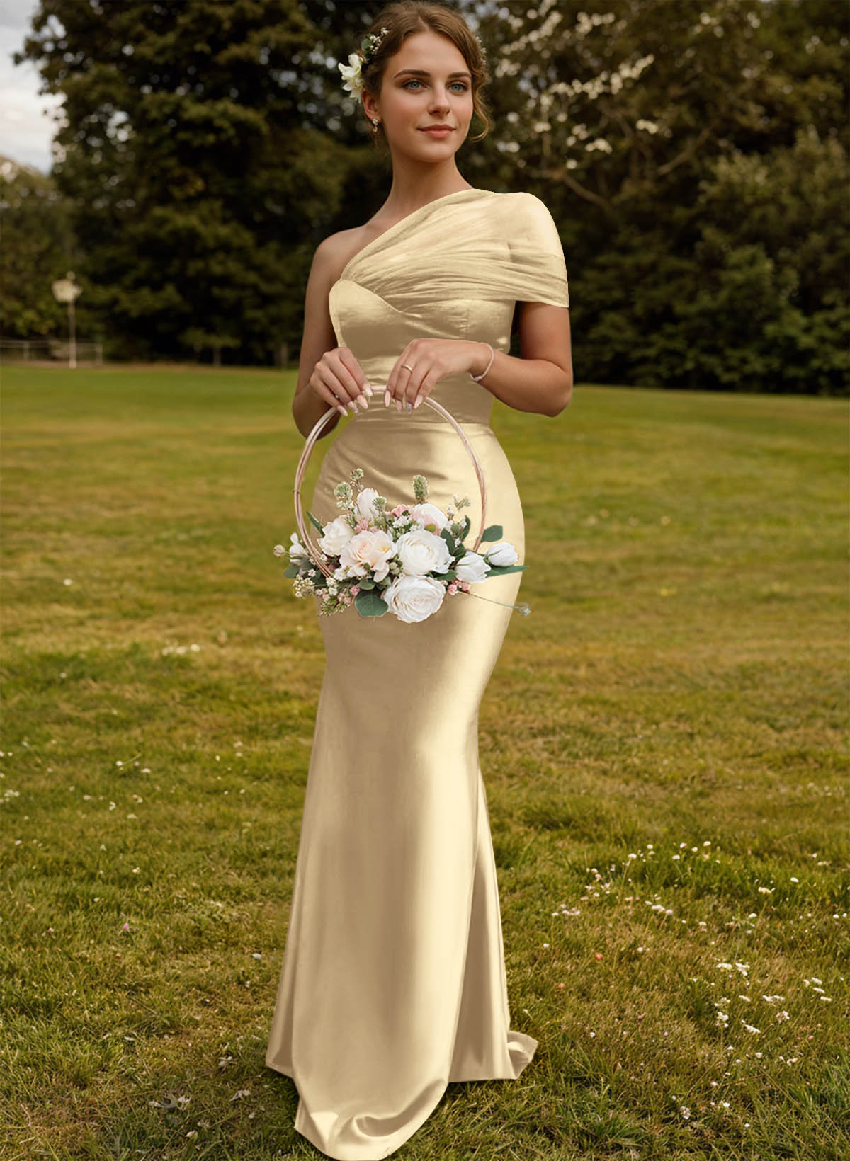 Trumpet/Mermaid One-Shoulder Sleeveless Satin/Tulle Bridesmaid Dresses, product image 16
