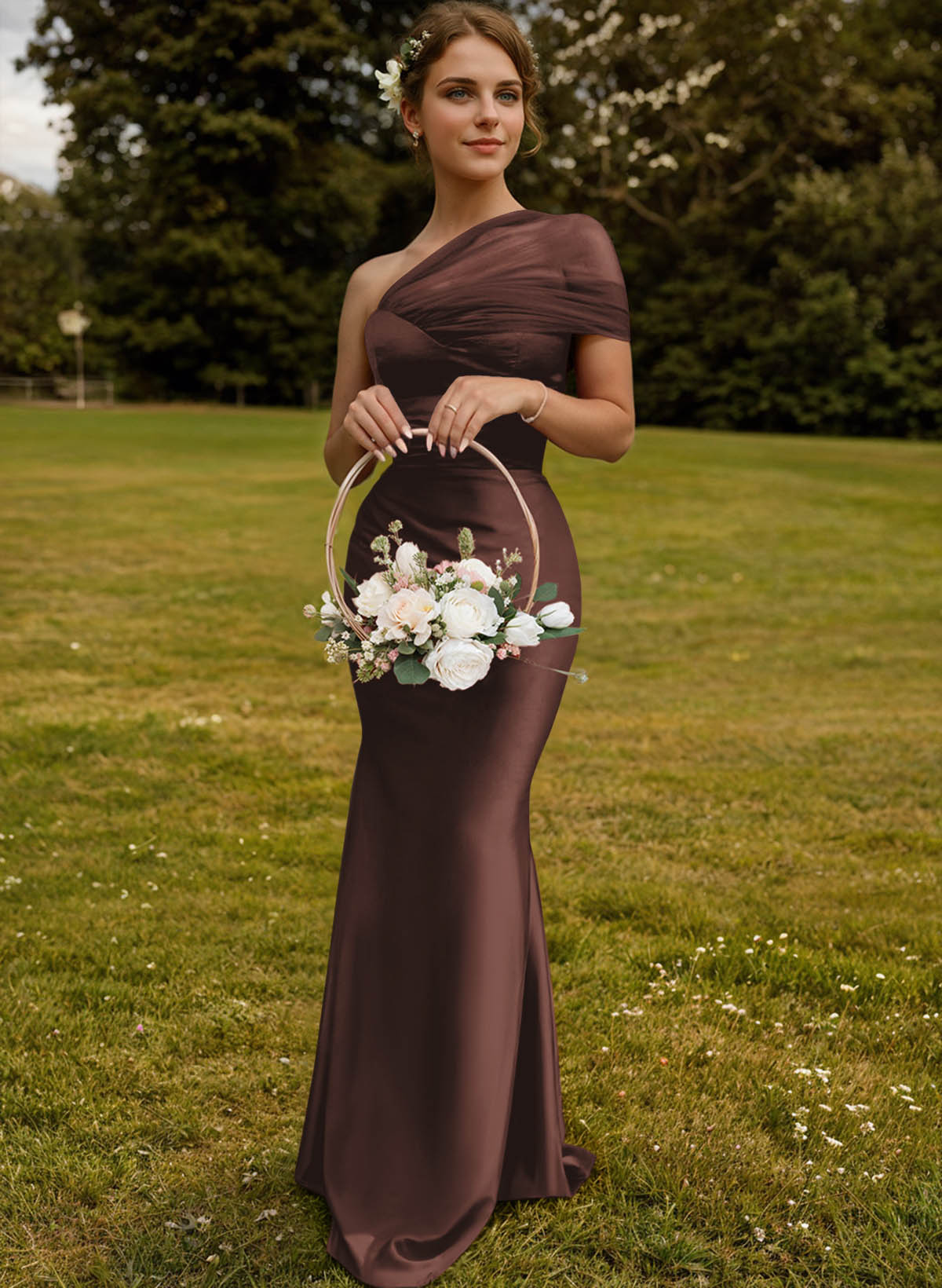 Trumpet/Mermaid One-Shoulder Sleeveless Satin/Tulle Bridesmaid Dresses, product image 311