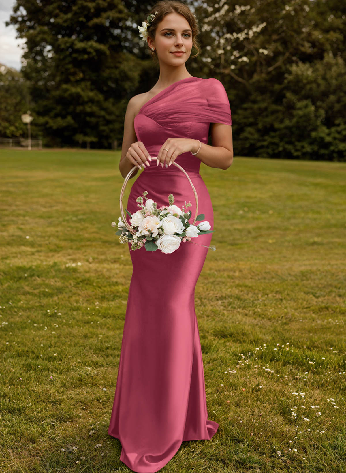 Trumpet/Mermaid One-Shoulder Sleeveless Satin/Tulle Bridesmaid Dresses, product image 136