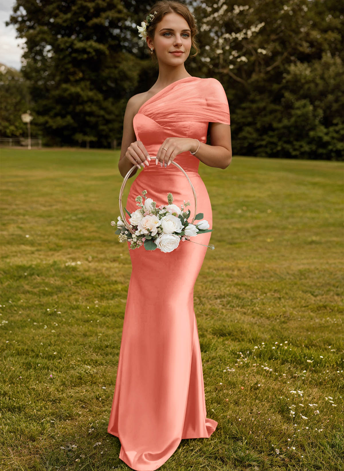 Trumpet/Mermaid One-Shoulder Sleeveless Satin/Tulle Bridesmaid Dresses, product image 106