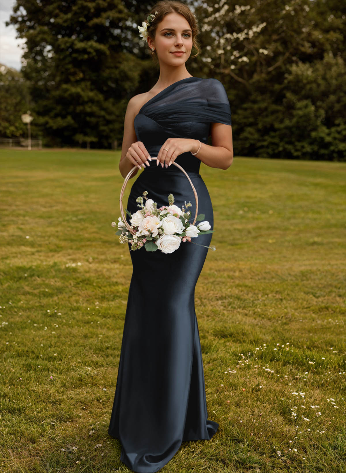 Trumpet/Mermaid One-Shoulder Sleeveless Satin/Tulle Bridesmaid Dresses, product image 21