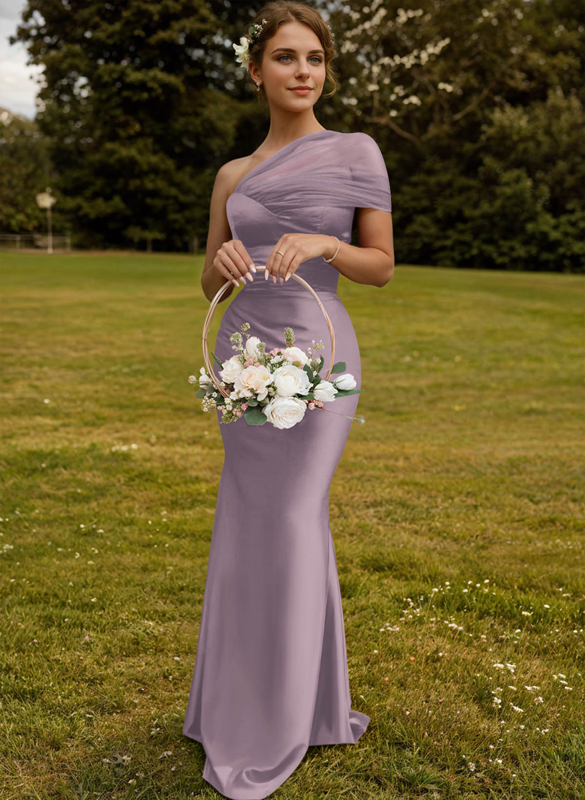 Trumpet/Mermaid One-Shoulder Sleeveless Satin/Tulle Bridesmaid Dresses, product image 171