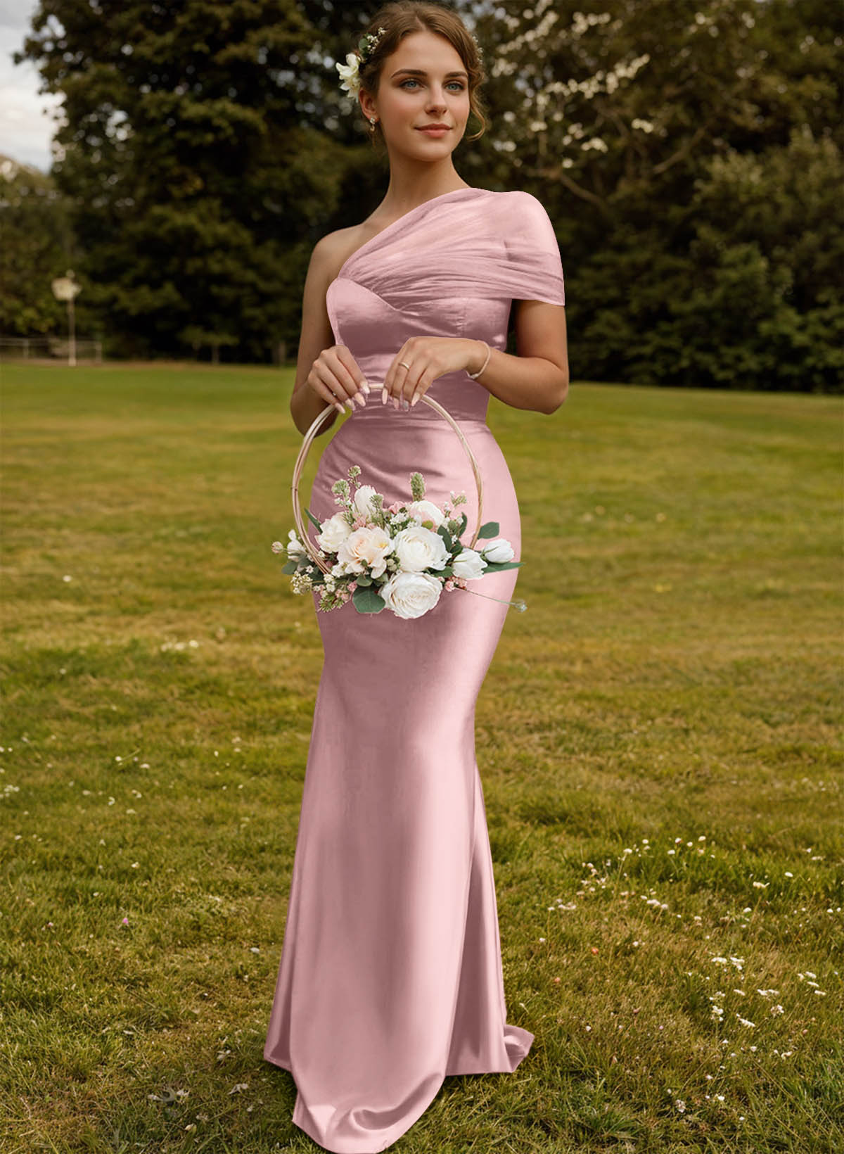 Trumpet/Mermaid One-Shoulder Sleeveless Satin/Tulle Bridesmaid Dresses, product image 86