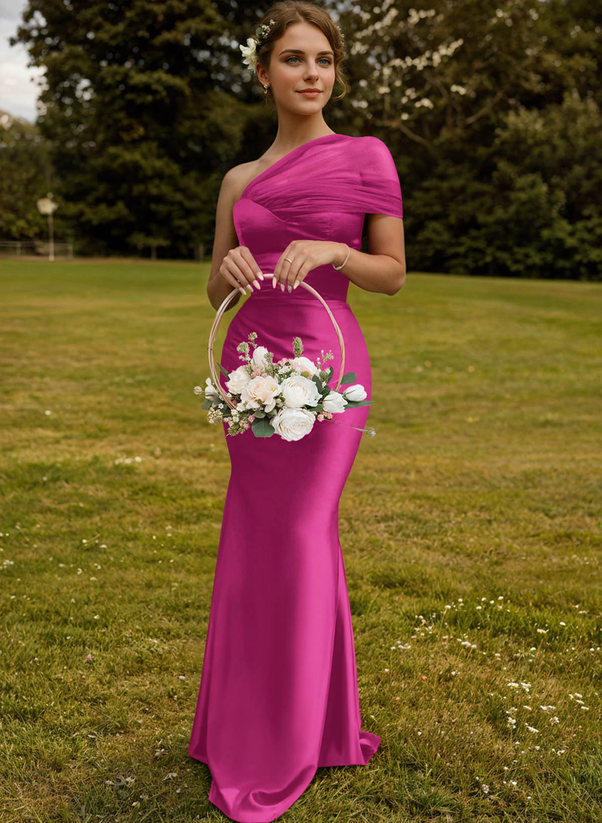 Trumpet/Mermaid One-Shoulder Sleeveless Satin/Tulle Bridesmaid Dresses, product image 76
