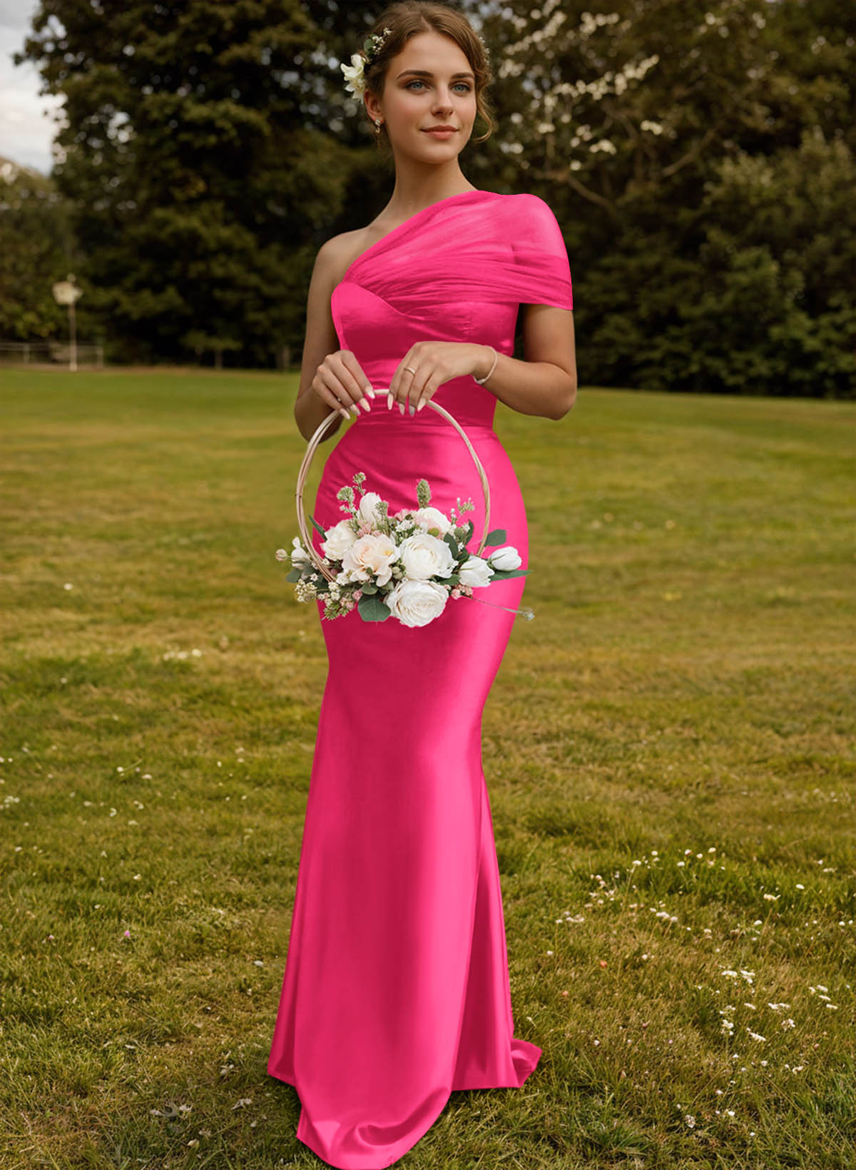 Trumpet/Mermaid One-Shoulder Sleeveless Satin/Tulle Bridesmaid Dresses, product image 81