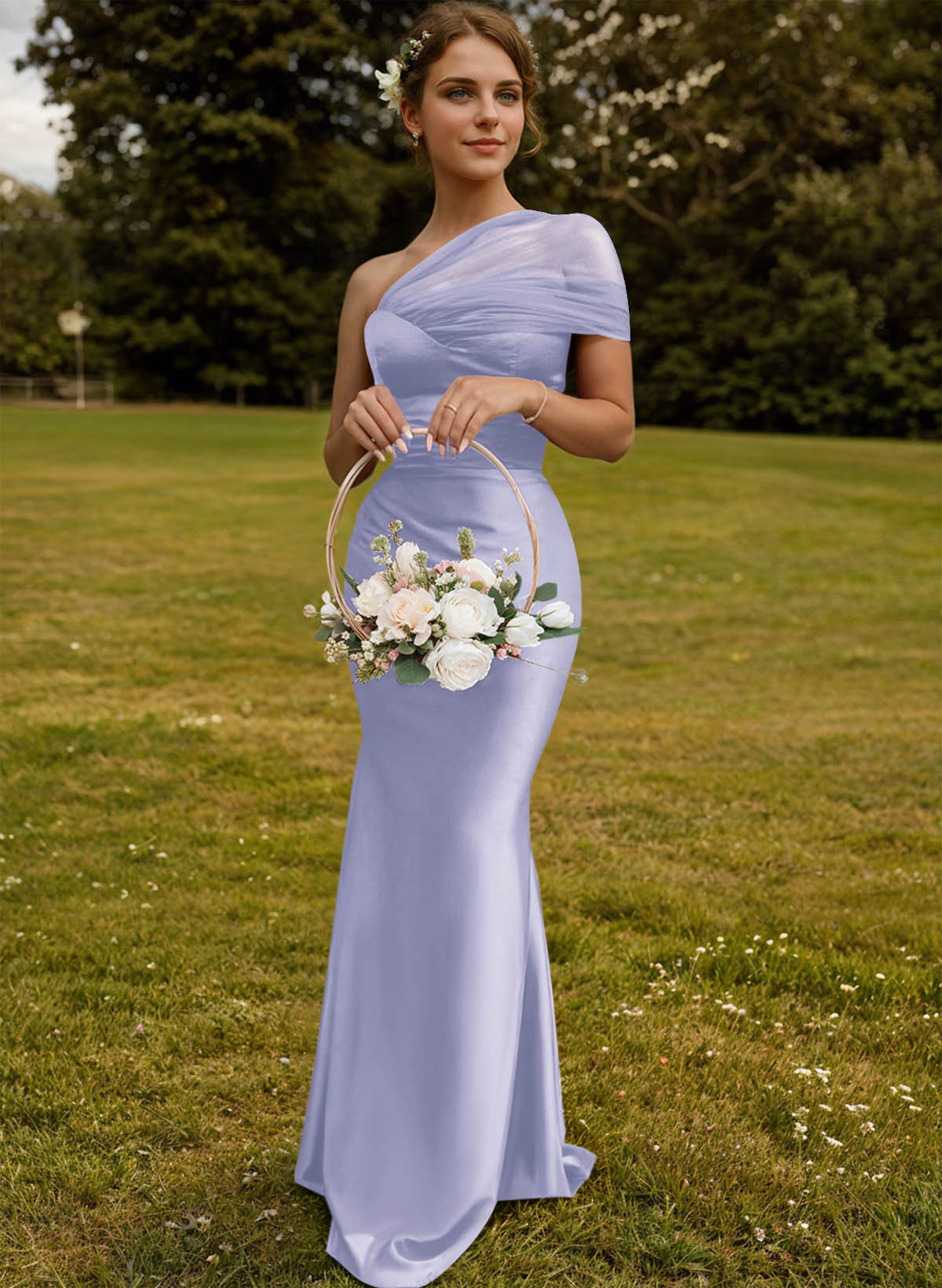 Trumpet/Mermaid One-Shoulder Sleeveless Satin/Tulle Bridesmaid Dresses, product image 201