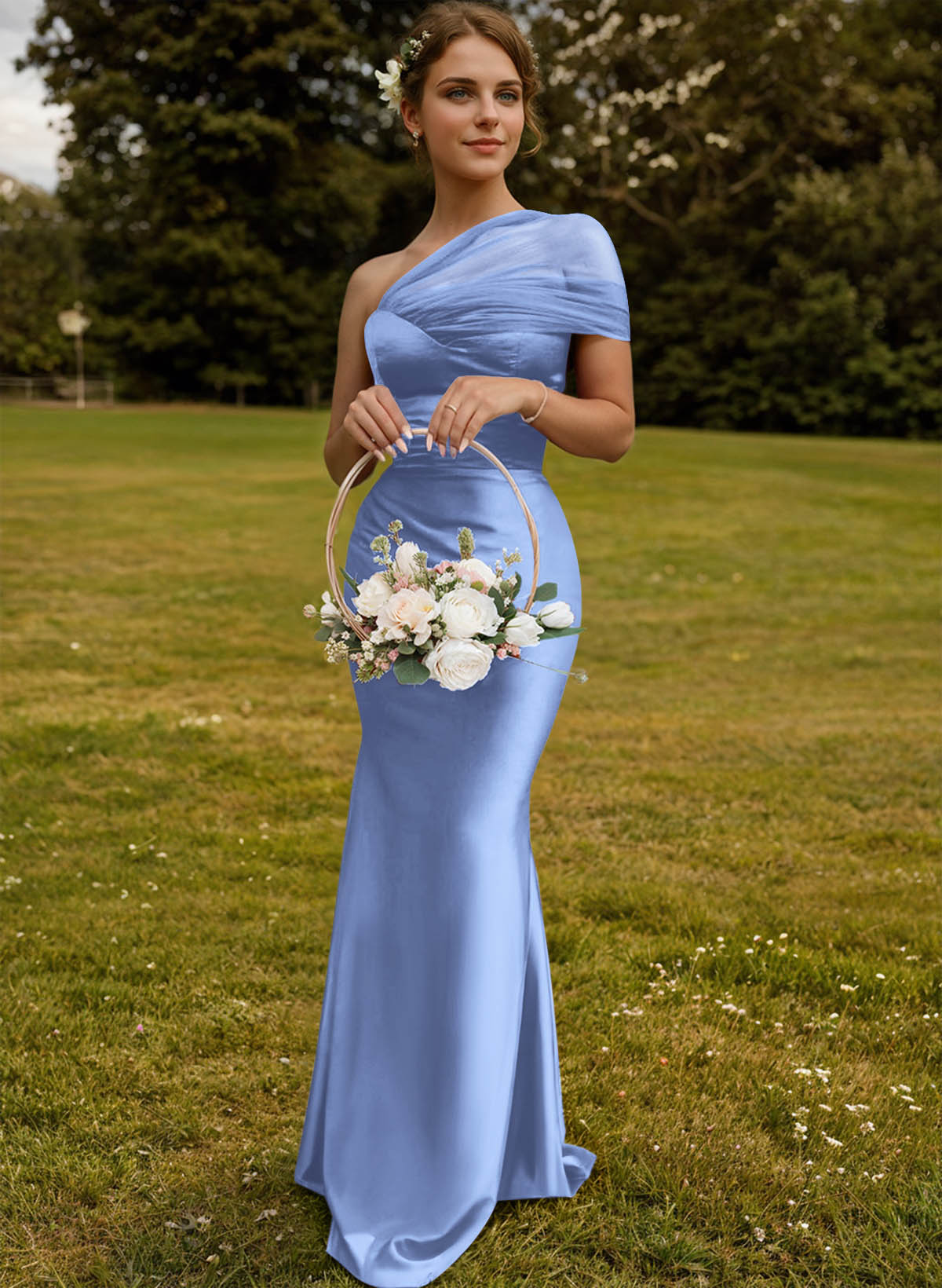 Trumpet/Mermaid One-Shoulder Sleeveless Satin/Tulle Bridesmaid Dresses, product image 71