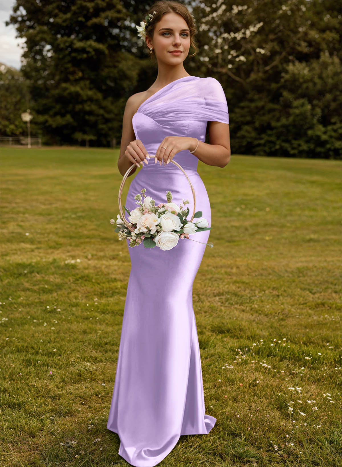 Trumpet/Mermaid One-Shoulder Sleeveless Satin/Tulle Bridesmaid Dresses, product image 196