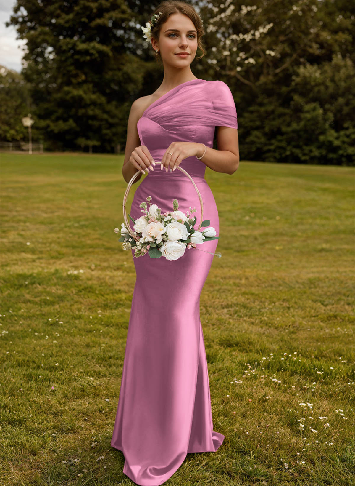 Trumpet/Mermaid One-Shoulder Sleeveless Satin/Tulle Bridesmaid Dresses, product image 191