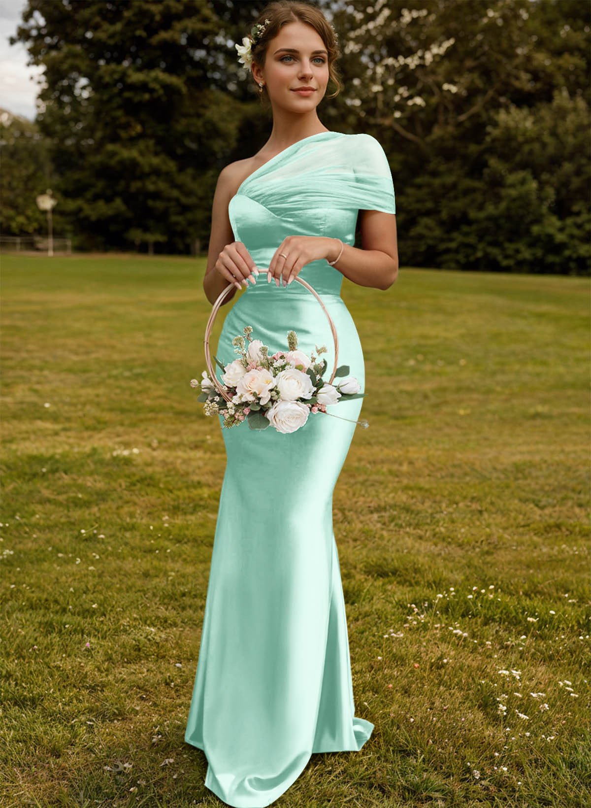 Trumpet/Mermaid One-Shoulder Sleeveless Satin/Tulle Bridesmaid Dresses, product image 256