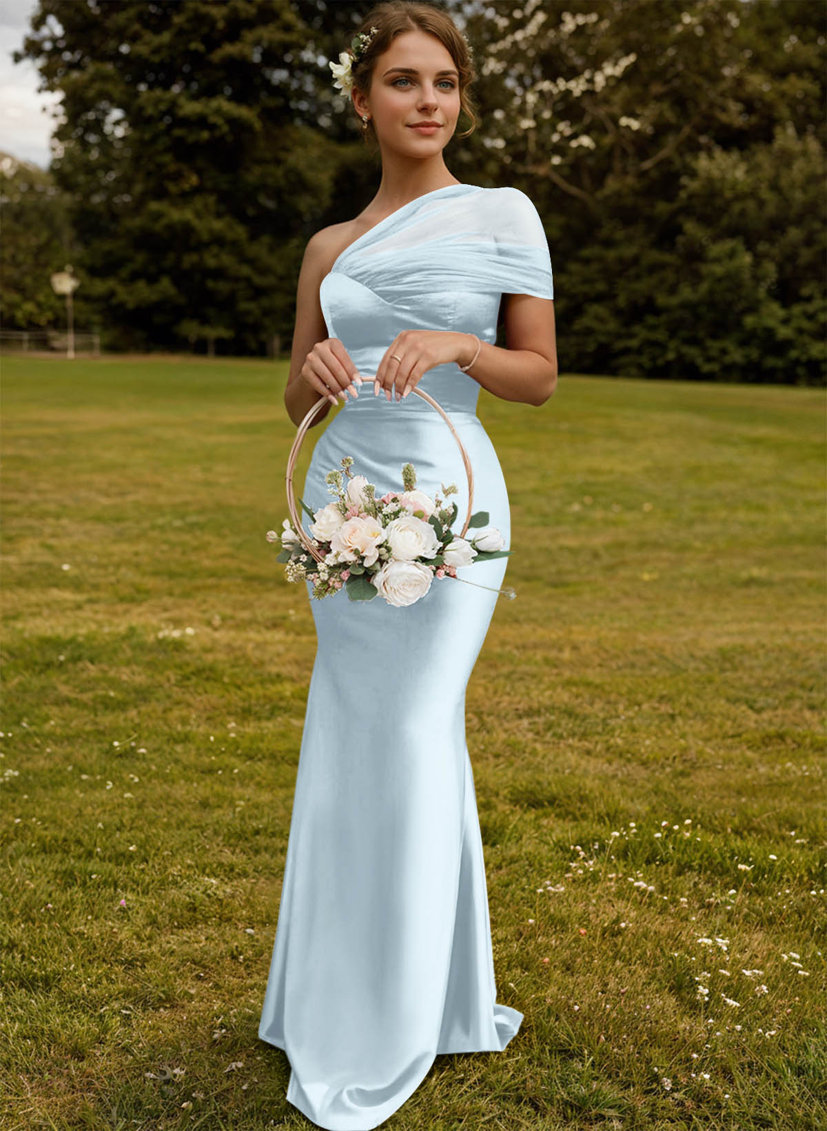 Trumpet/Mermaid One-Shoulder Sleeveless Satin/Tulle Bridesmaid Dresses, product image 261