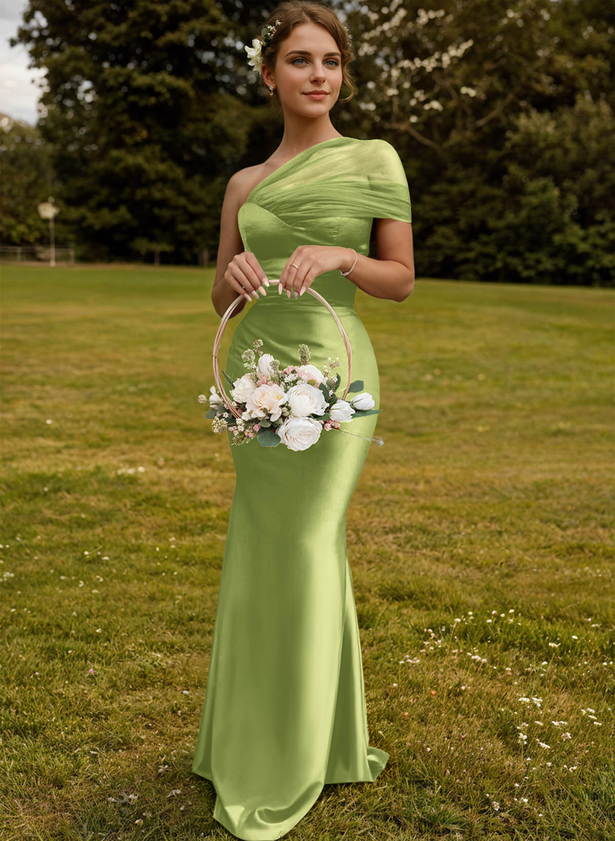 Trumpet/Mermaid One-Shoulder Sleeveless Satin/Tulle Bridesmaid Dresses, product image 336