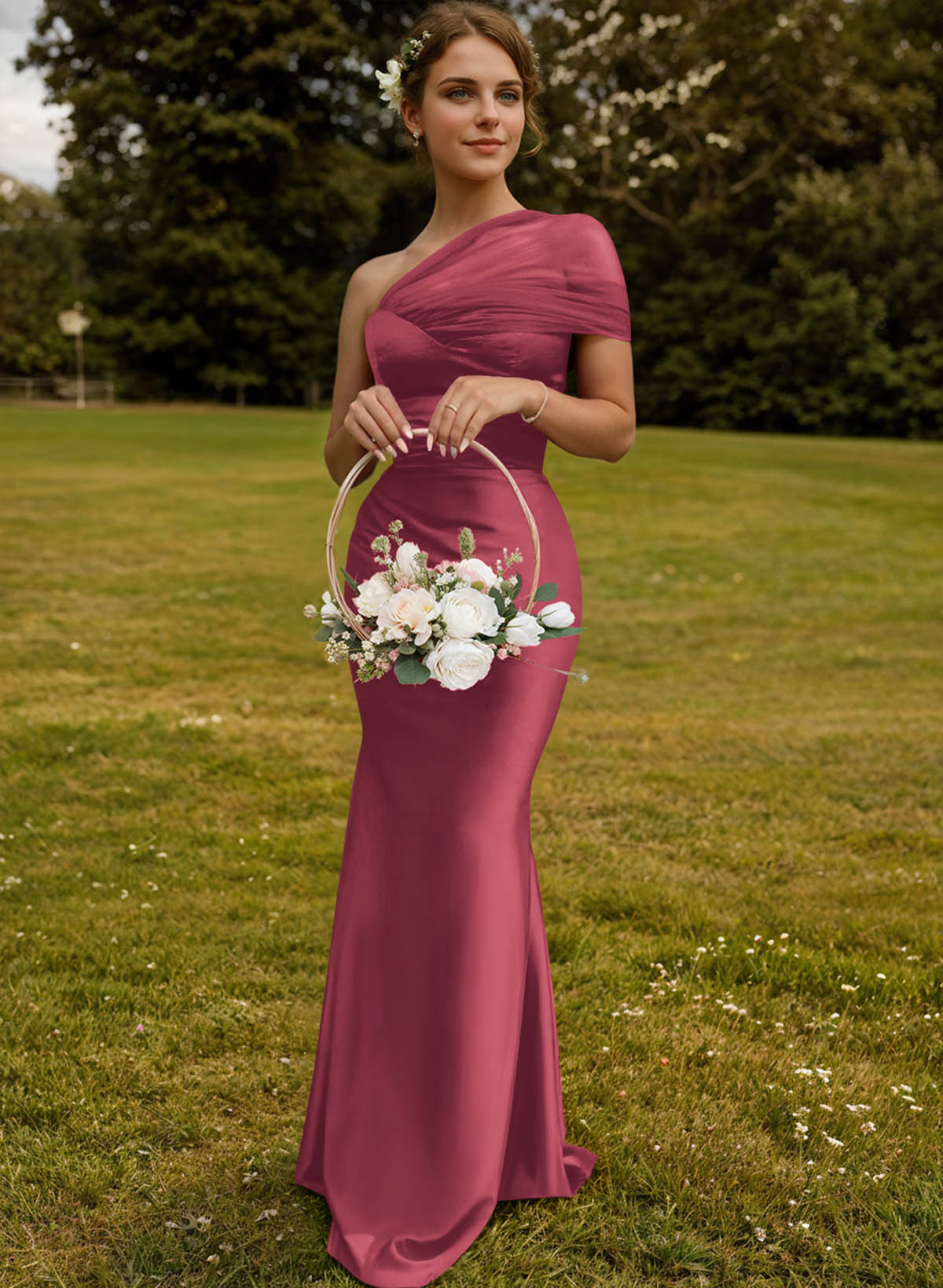 Trumpet/Mermaid One-Shoulder Sleeveless Satin/Tulle Bridesmaid Dresses, product image 141