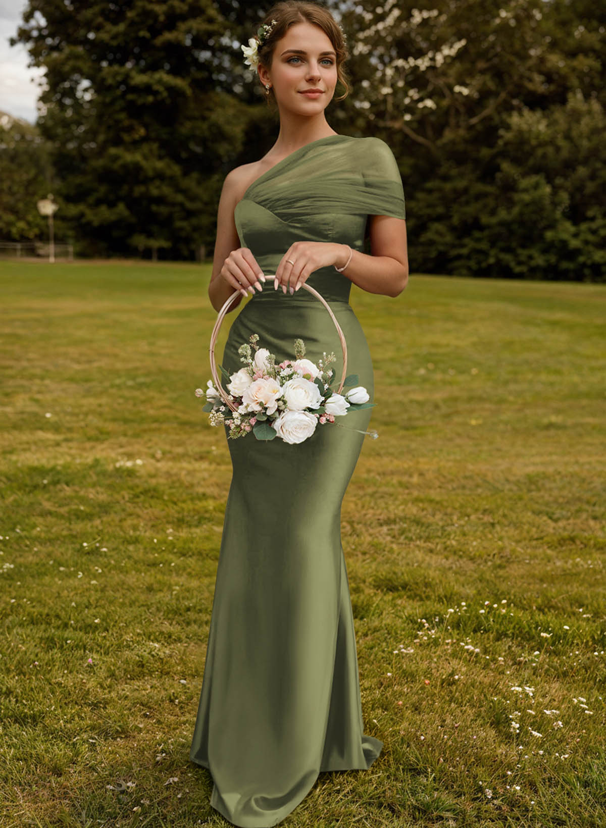 Trumpet/Mermaid One-Shoulder Sleeveless Satin/Tulle Bridesmaid Dresses, product image 241