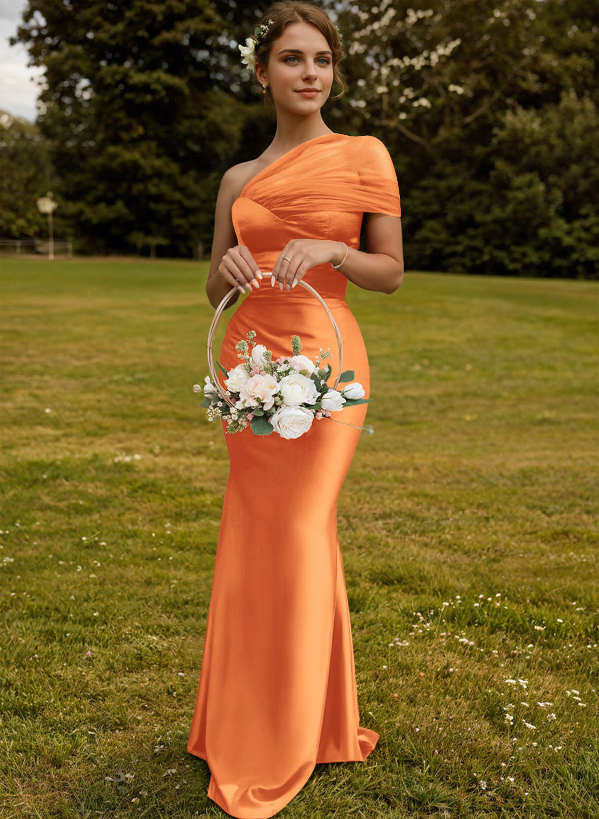 Trumpet/Mermaid One-Shoulder Sleeveless Satin/Tulle Bridesmaid Dresses, product image 296