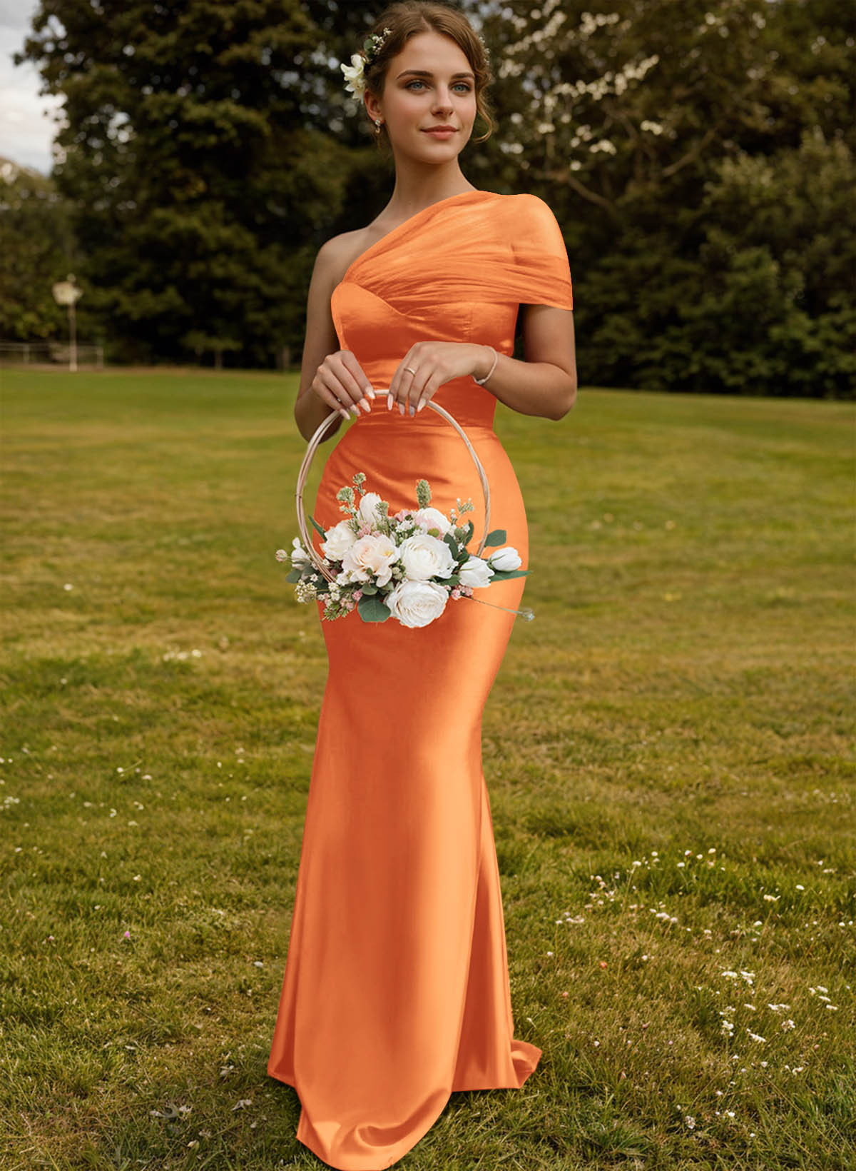Trumpet/Mermaid One-Shoulder Sleeveless Satin/Tulle Bridesmaid Dresses, product image 296