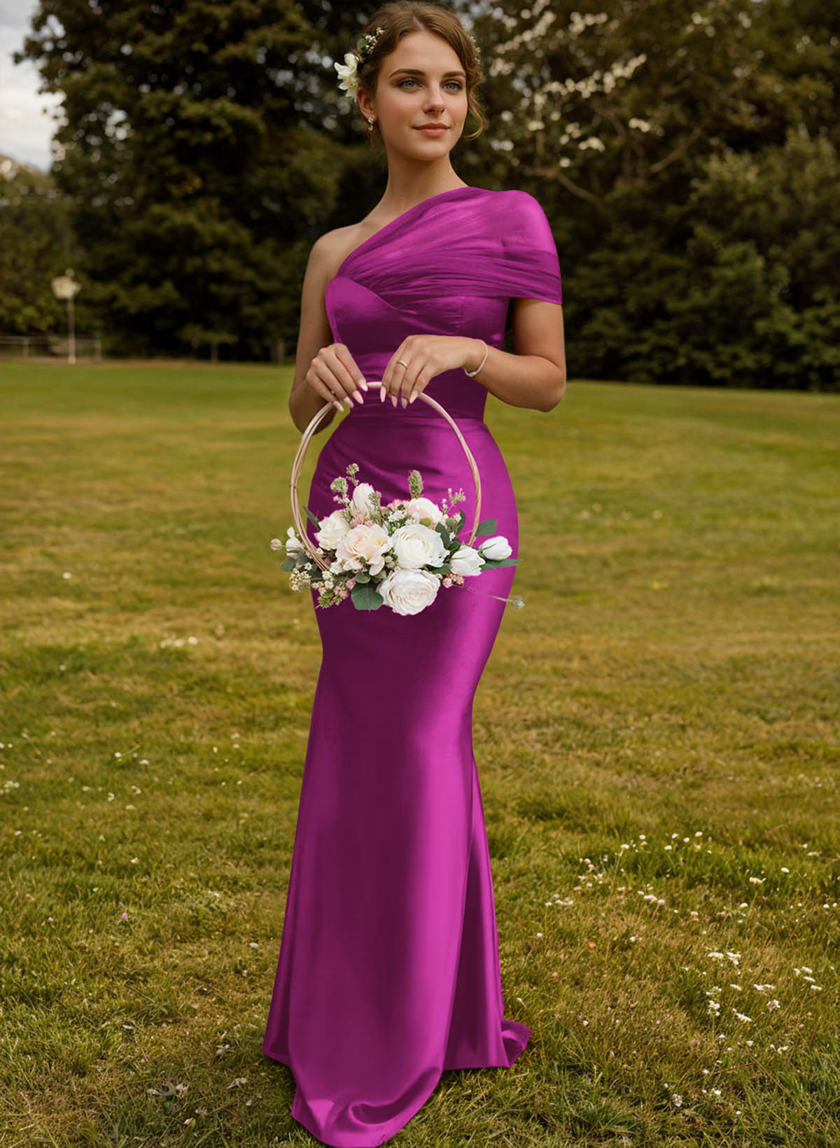 Trumpet/Mermaid One-Shoulder Sleeveless Satin/Tulle Bridesmaid Dresses, product image 156