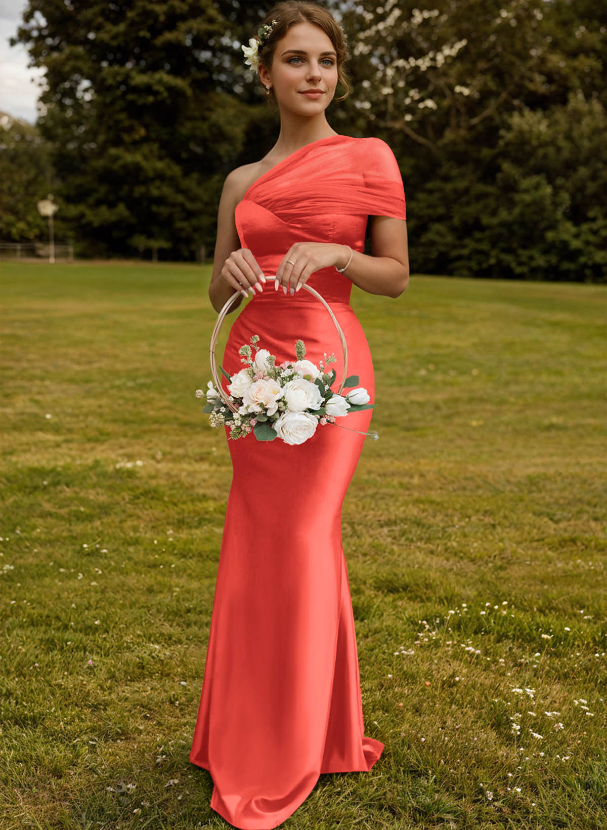 Trumpet/Mermaid One-Shoulder Sleeveless Satin/Tulle Bridesmaid Dresses, product image 306