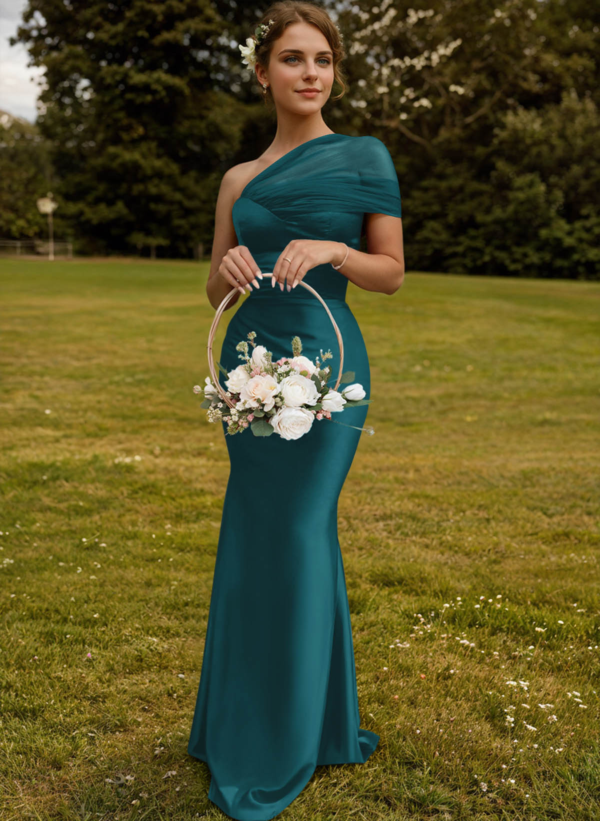 Trumpet/Mermaid One-Shoulder Sleeveless Satin/Tulle Bridesmaid Dresses, product image 231