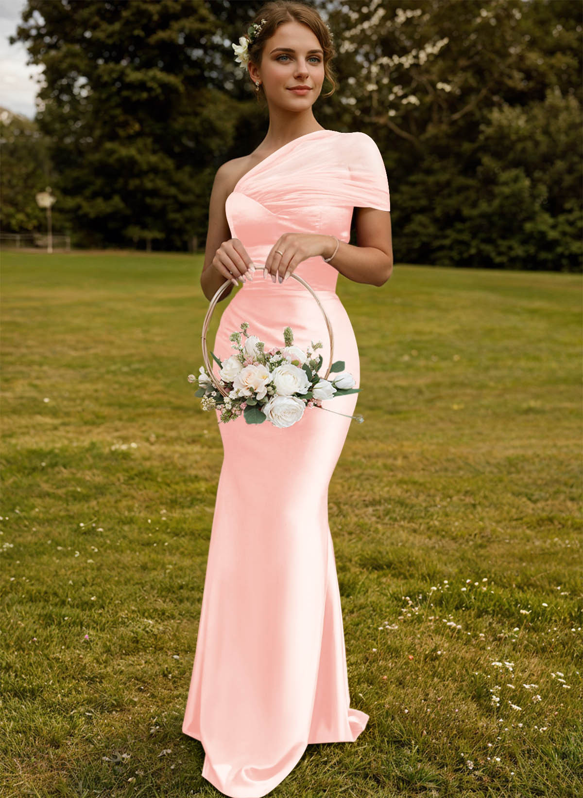 Trumpet/Mermaid One-Shoulder Sleeveless Satin/Tulle Bridesmaid Dresses, product image 91