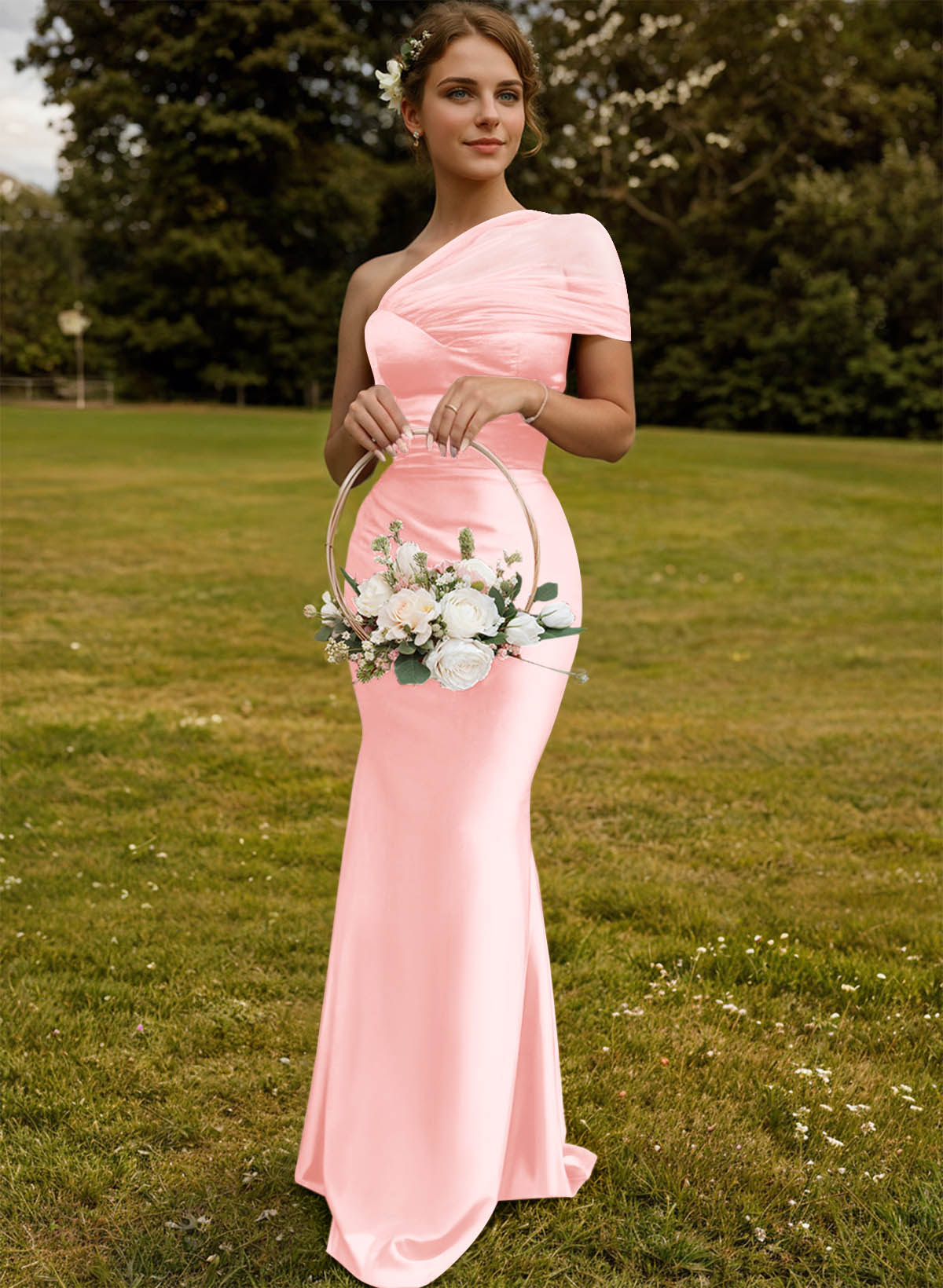 Trumpet/Mermaid One-Shoulder Sleeveless Satin/Tulle Bridesmaid Dresses, product image 101