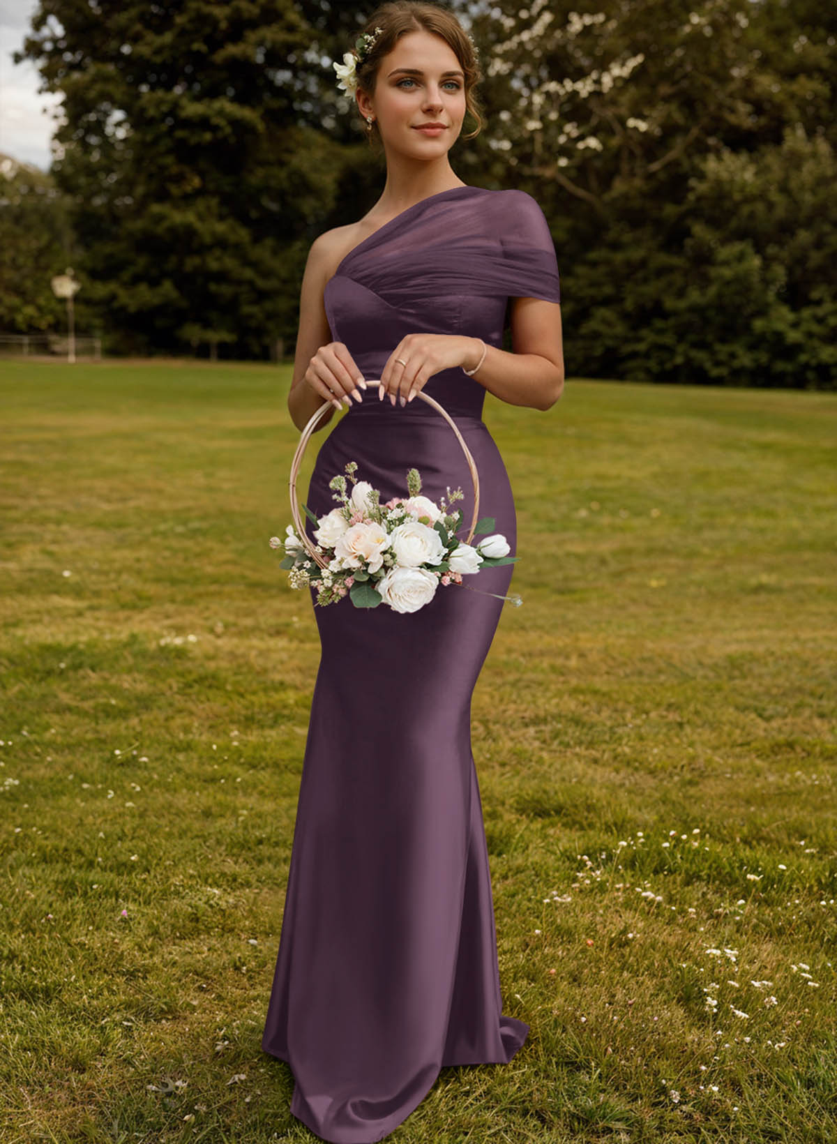 Trumpet/Mermaid One-Shoulder Sleeveless Satin/Tulle Bridesmaid Dresses, product image 206