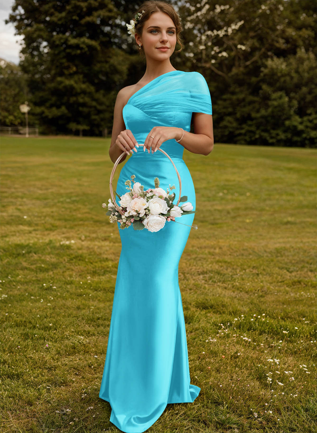 Trumpet/Mermaid One-Shoulder Sleeveless Satin/Tulle Bridesmaid Dresses, product image 61