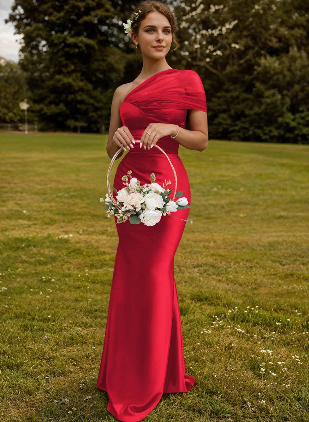 Trumpet/Mermaid One-Shoulder Sleeveless Satin/Tulle Bridesmaid Dresses, product image 121