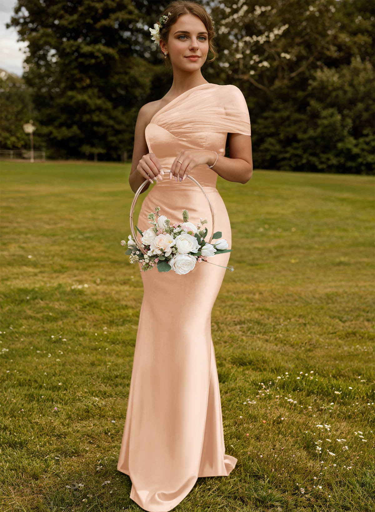 Trumpet/Mermaid One-Shoulder Sleeveless Satin/Tulle Bridesmaid Dresses, product image 291