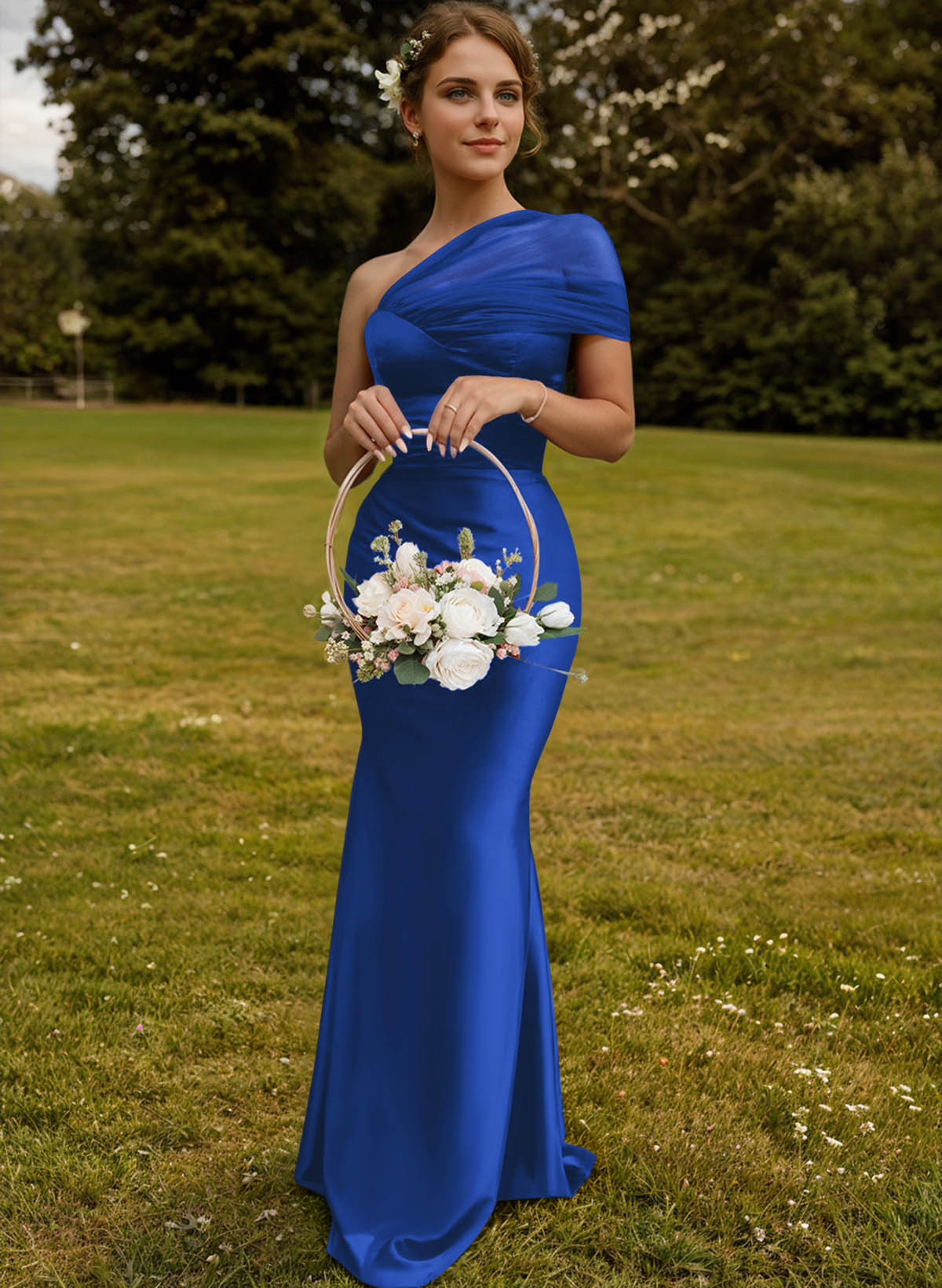 Trumpet/Mermaid One-Shoulder Sleeveless Satin/Tulle Bridesmaid Dresses, product image 31