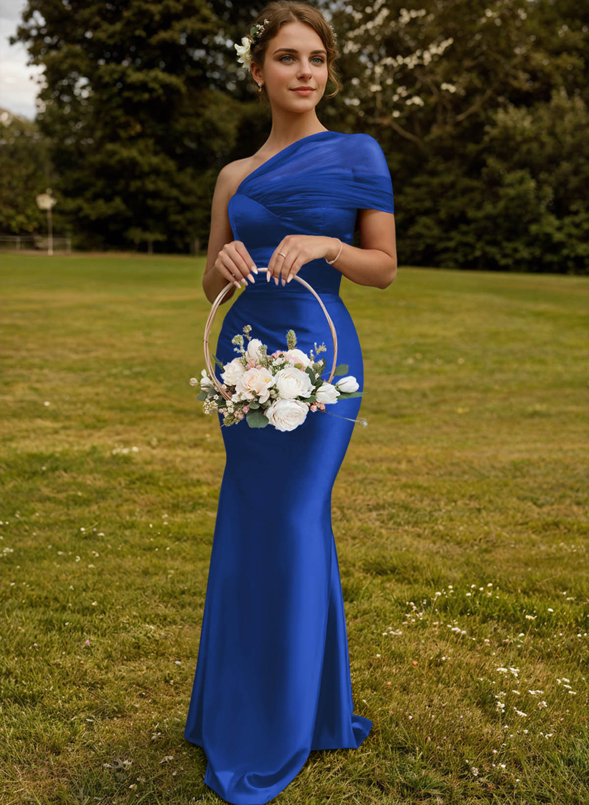 Trumpet/Mermaid One-Shoulder Sleeveless Satin/Tulle Bridesmaid Dresses, product image 31