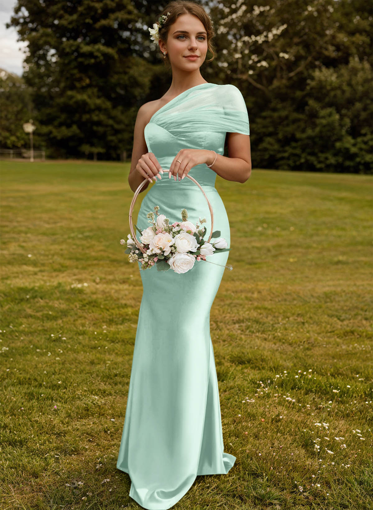 Trumpet/Mermaid One-Shoulder Sleeveless Satin/Tulle Bridesmaid Dresses, product image 221