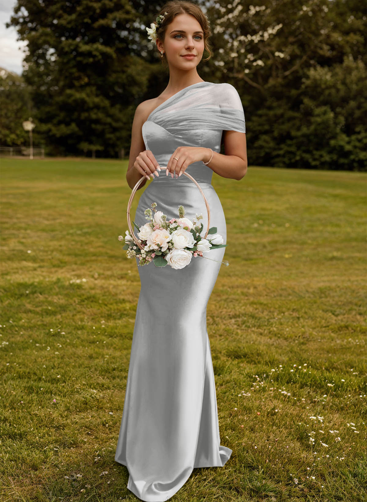 Trumpet/Mermaid One-Shoulder Sleeveless Satin/Tulle Bridesmaid Dresses, product image 326