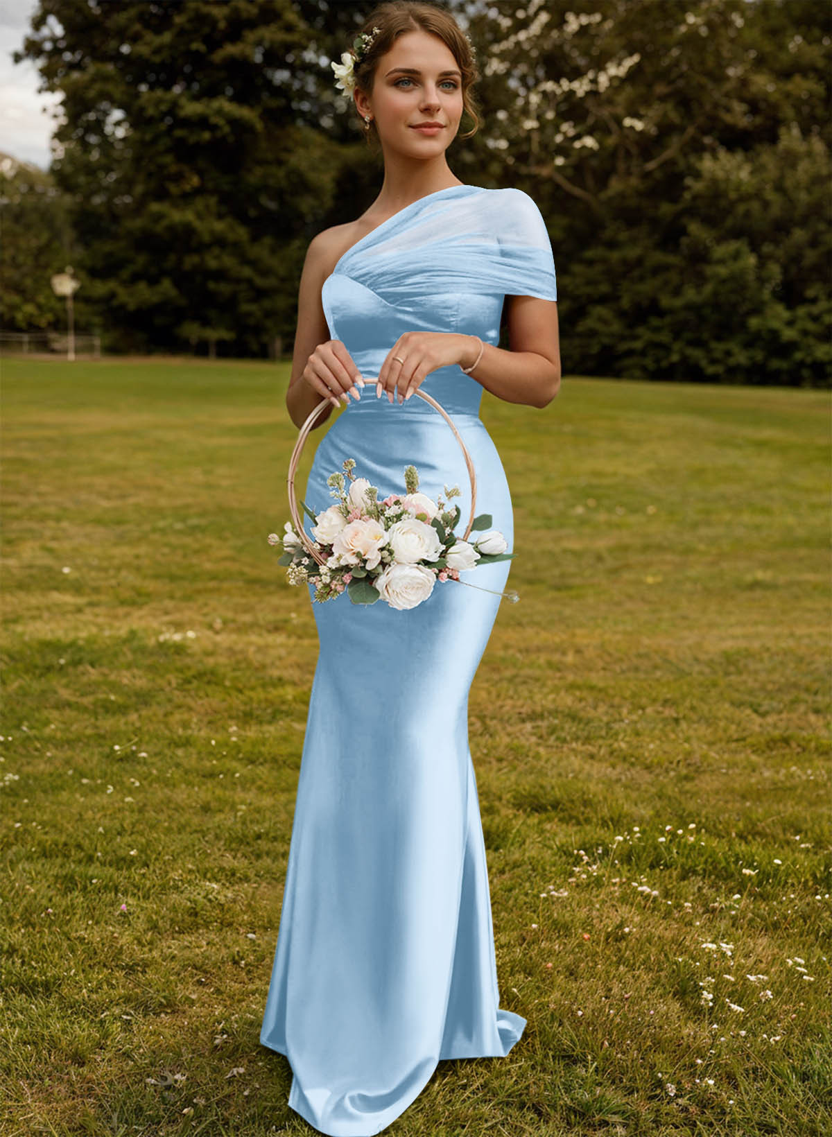 Trumpet/Mermaid One-Shoulder Sleeveless Satin/Tulle Bridesmaid Dresses, product image 51