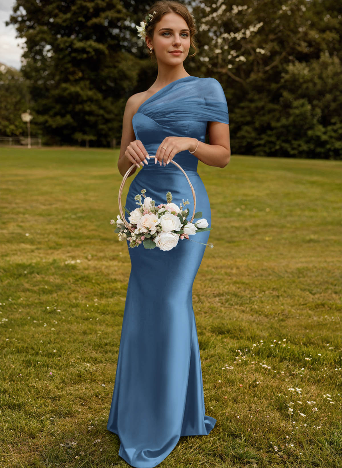 Trumpet/Mermaid One-Shoulder Sleeveless Satin/Tulle Bridesmaid Dresses, product image 36