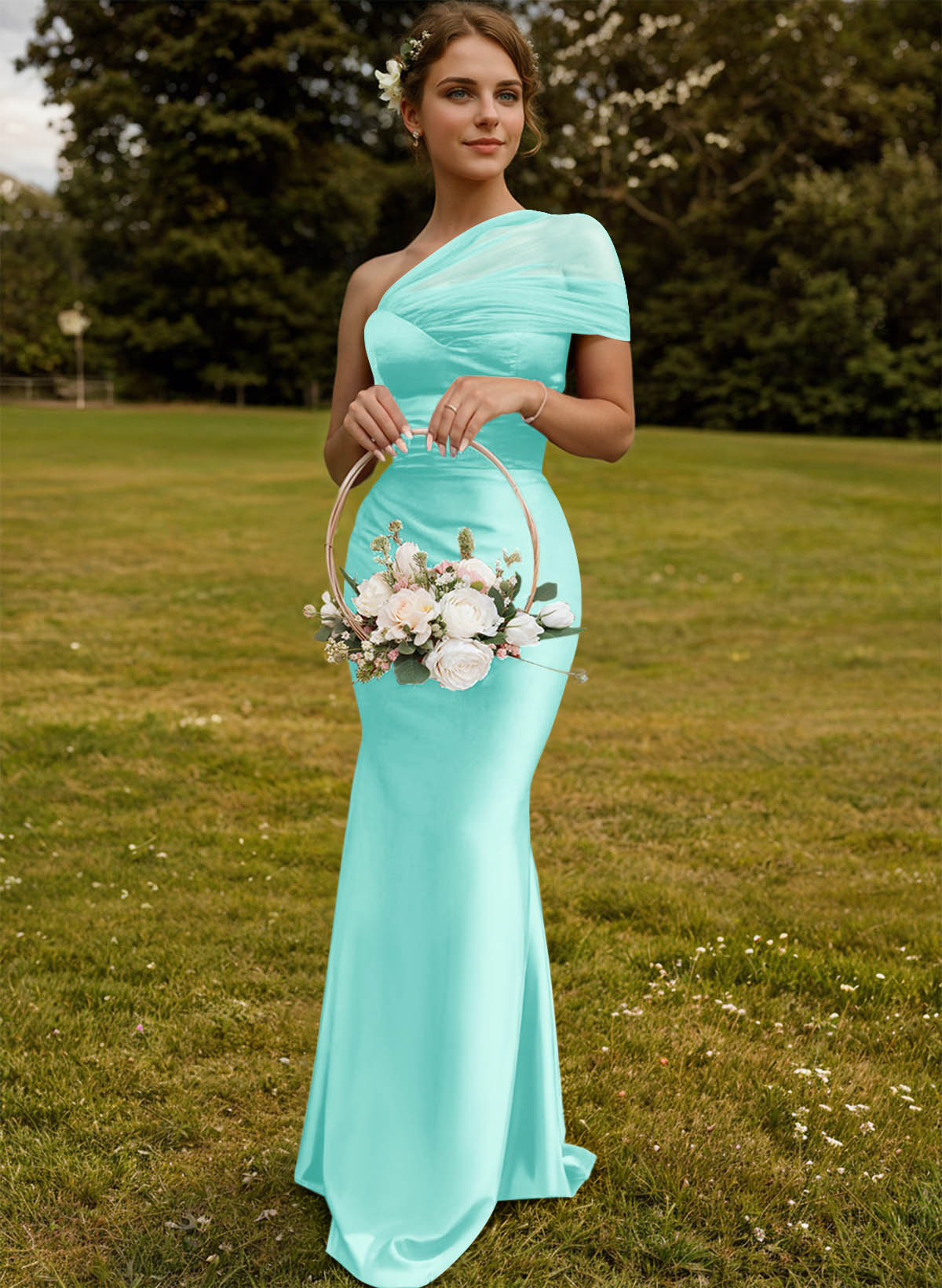 Trumpet/Mermaid One-Shoulder Sleeveless Satin/Tulle Bridesmaid Dresses, product image 266