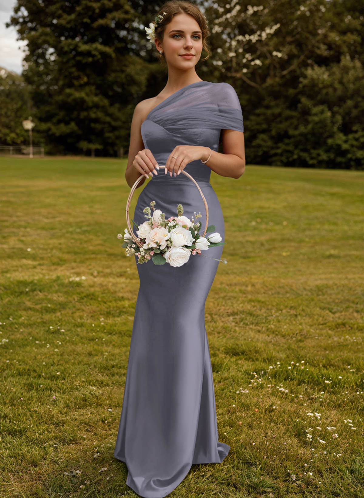 Trumpet/Mermaid One-Shoulder Sleeveless Satin/Tulle Bridesmaid Dresses, product image 41