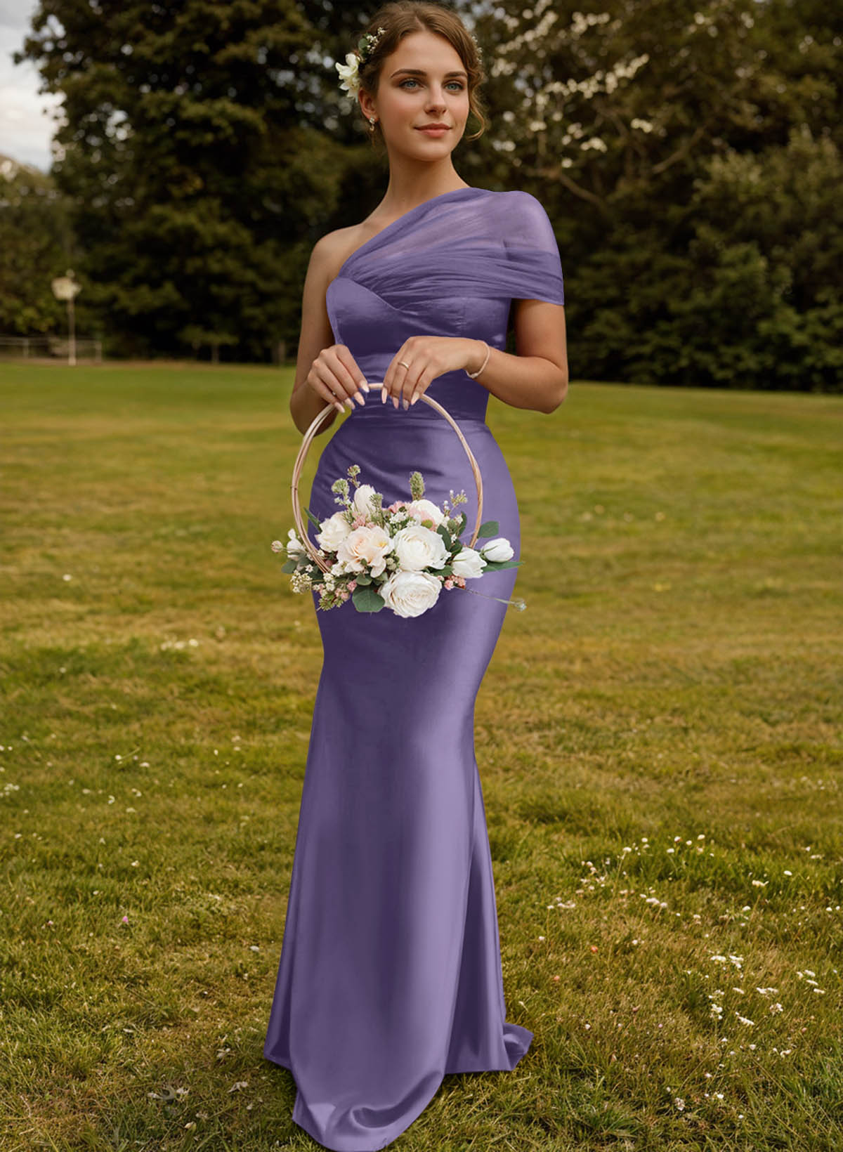 Trumpet/Mermaid One-Shoulder Sleeveless Satin/Tulle Bridesmaid Dresses, product image 176